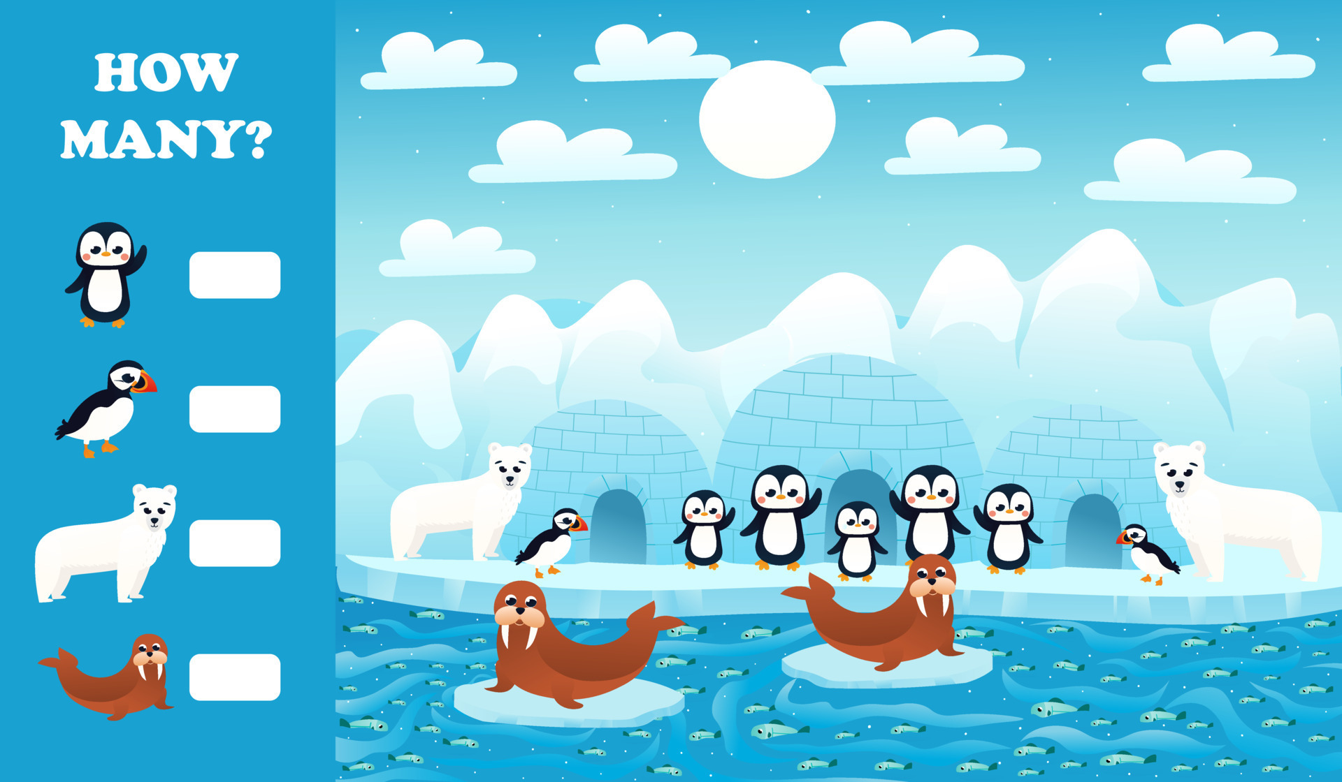 Printable educational worksheet for kids with how many puzzle, arctic animals wildlife with polar bears, penguins 12715518 Vector Art at Vecteezy Printable educational worksheet for kids with how many puzzle, arctic animals wildlife with polar bears, penguins 12715518 Vector Art at Vecteezy
