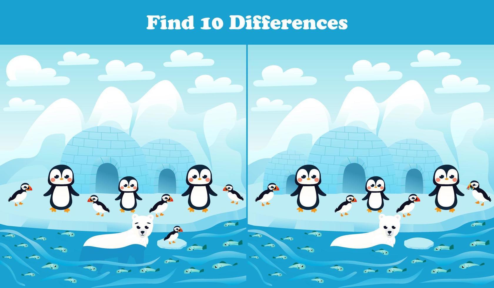 Find ten differences printable worksheet with arctic penguinsand puffins and north pole landscape for kids vector