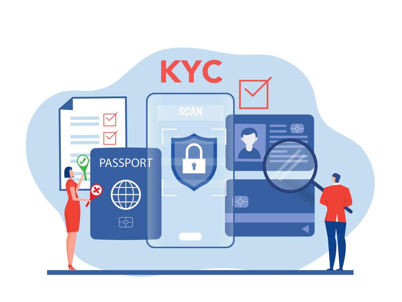 kyc o conozca a su cliente con el negocio verificando la identidad del concepto de su cliente en los futuros socios a través de una idea de lupa de identificación comercial y seguridad financiera. vector