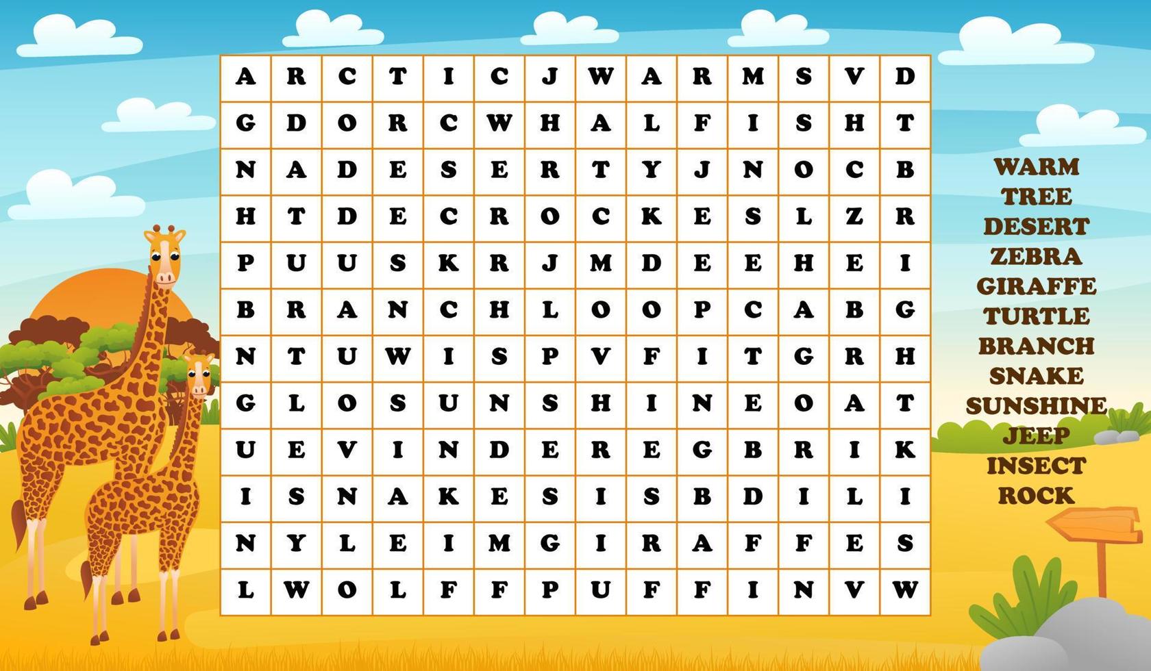 Words search puzzle for kids with African safari animals - giraffe, printable worksheet for learning english vector