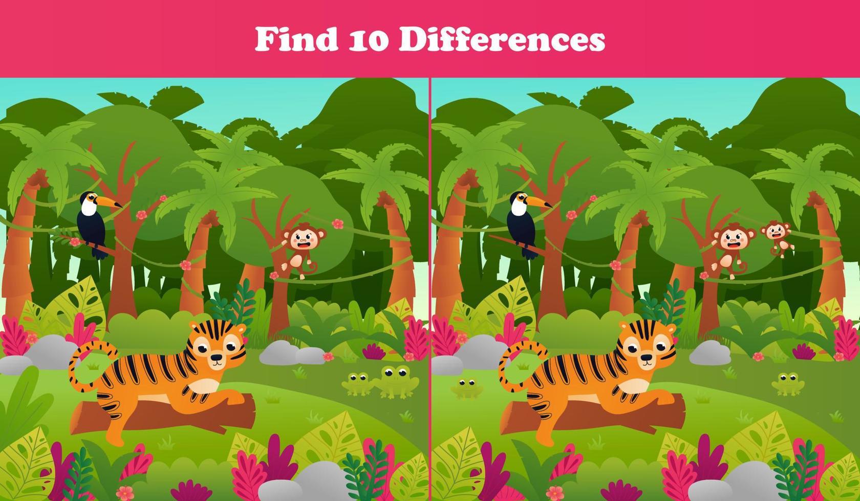 Find ten differences printable worksheet with tropical jungle paradise scene, tiger on tree trunk and toucan, monkey vector