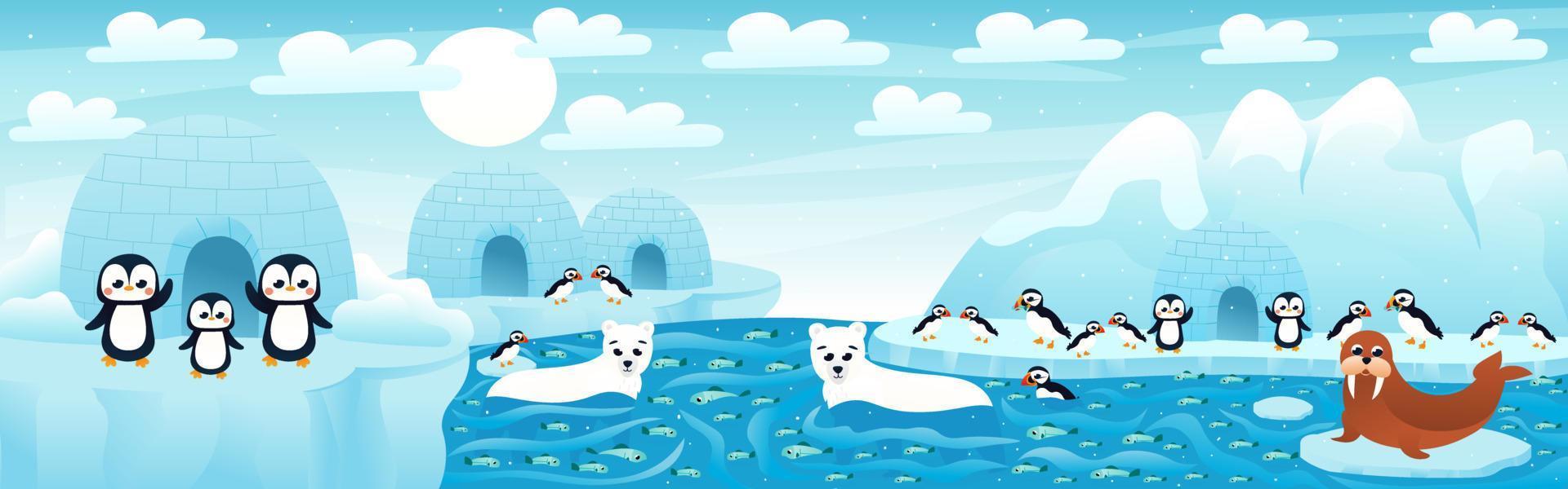 Polar landscape with cute cartoon animals with fish and iceberg, arctic scene with polar bear and penguins waving hands, seal sitting on snow, horizontal zoo poster for game design vector