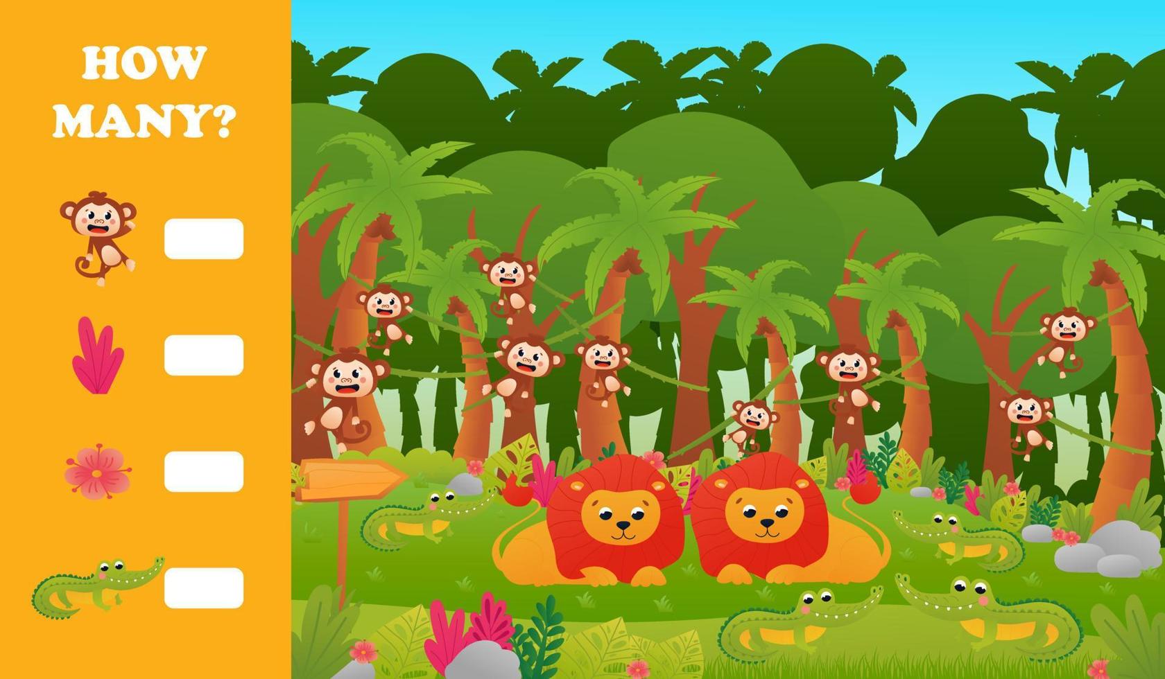 Printable educational worksheet for kids with how many puzzle, tropical jungle animals wildlife with cute monkey vector