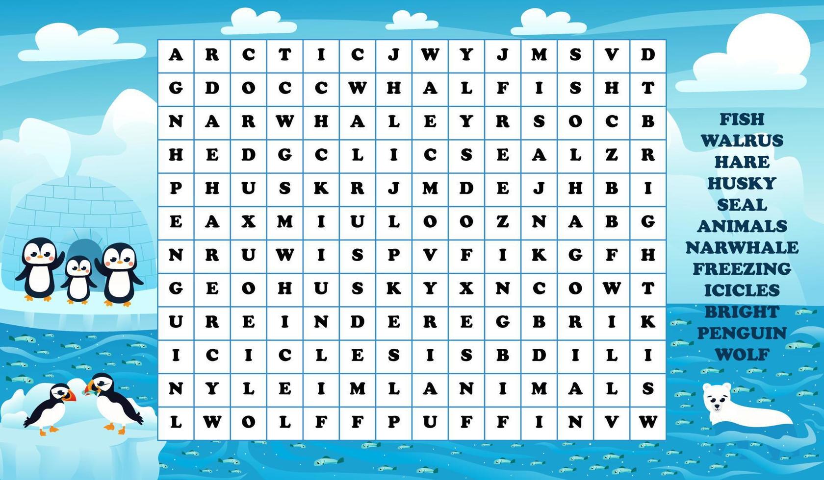 Educational word search game for kids with arctic animals, seal, penguins and polar bear, puffin vector