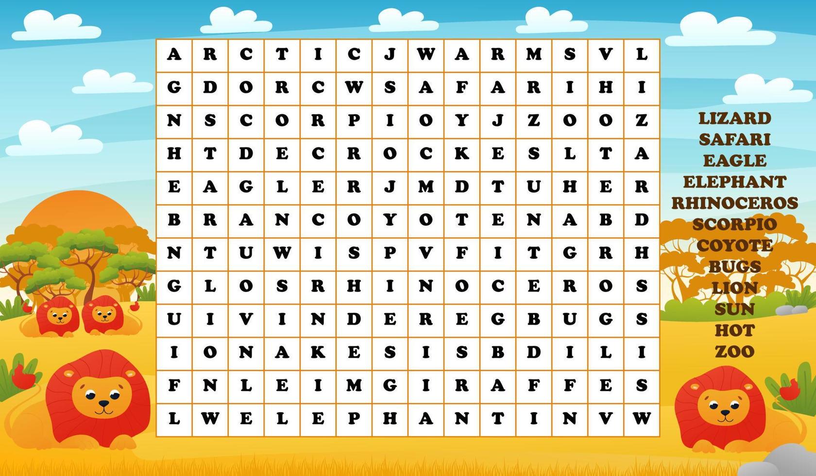 Words search puzzle for kids with african safari animals - lions, printable worksheet for learning english vector