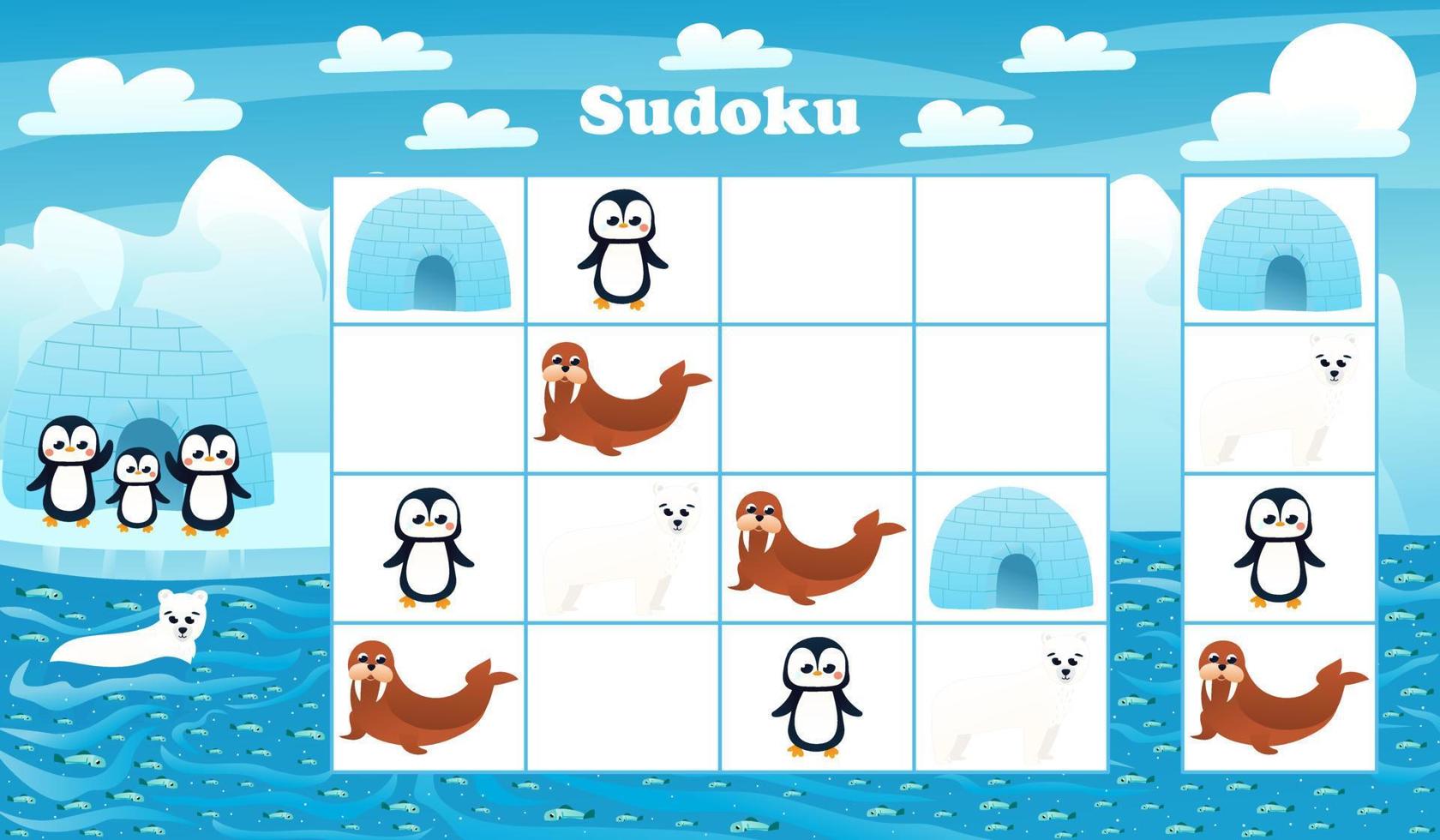 Kids sudoku game with cartoon penguin and polar bear in arctic. riddle with north pole animals characters vector