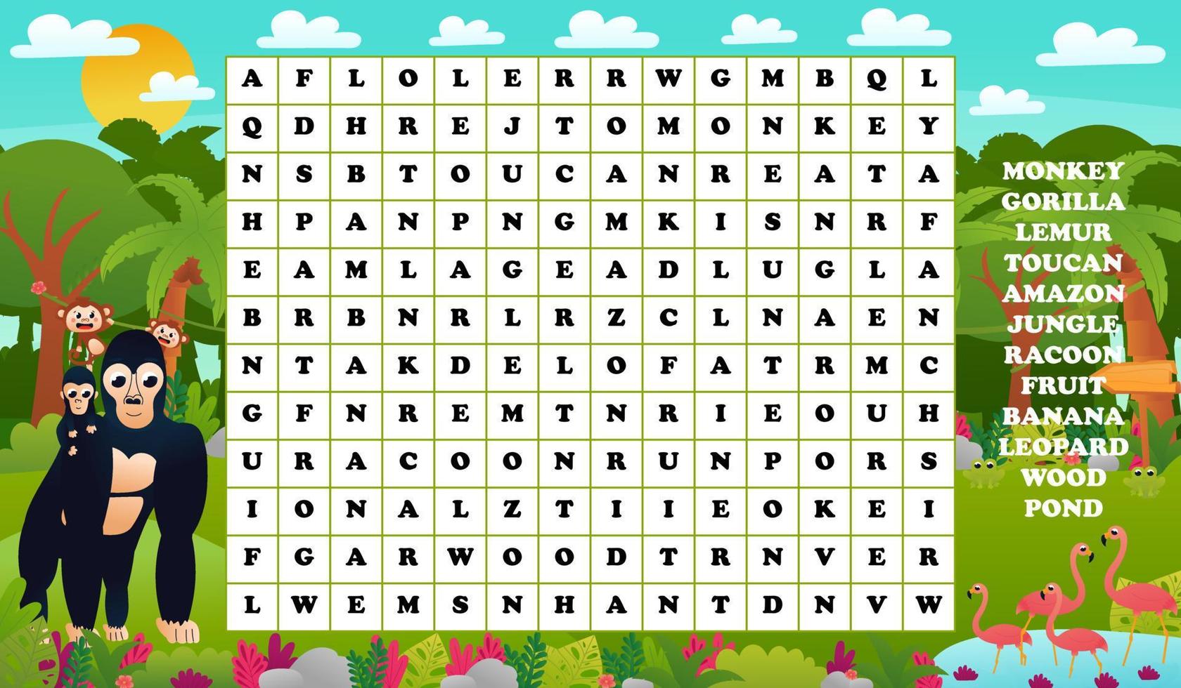 Words search puzzle for kids with cute tropical jungle forest animals - gorilla and monkey, flamingo vector