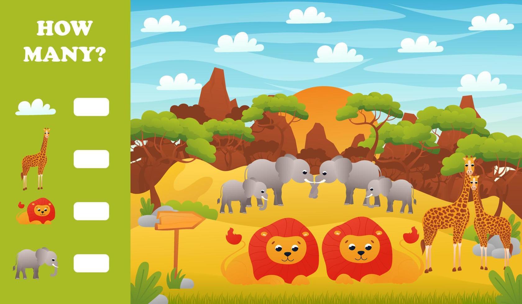 Printable educational worksheet for kids with how many puzzle, safari desert animals wildlife with cute lions, elephant vector