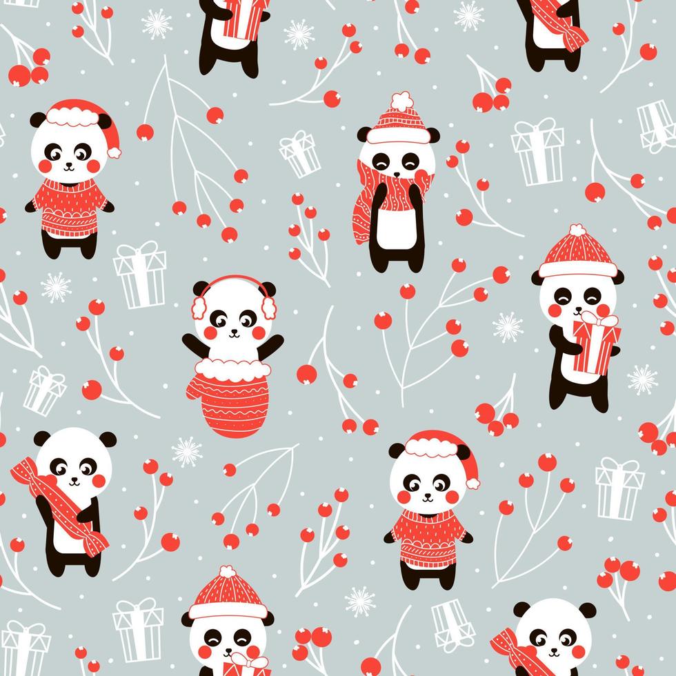 Christmas seamless pattern with cute chinese panda bear character on rgray background vector