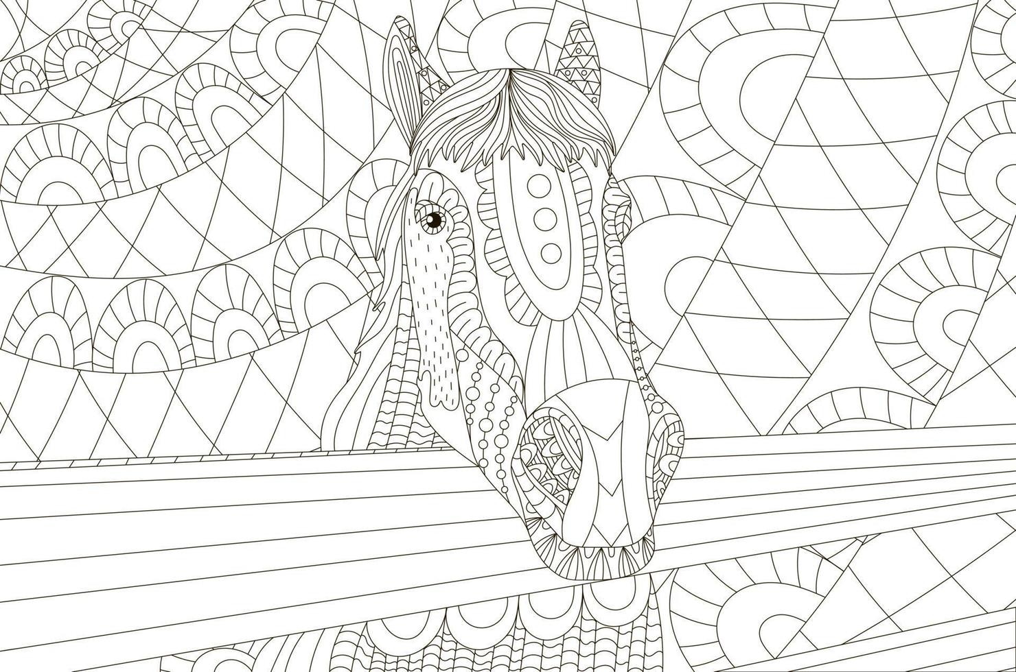 Página para colorear antiestrés de caballo estilizado zentangle para adultos en estilo blanco y negro para imprimir vector