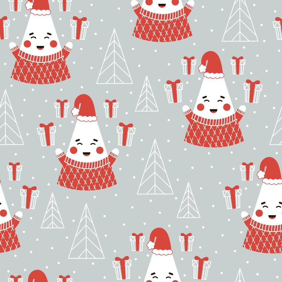 patrón sin costuras de navidad con lindo personaje de árbol de navidad sobre fondo gris vector