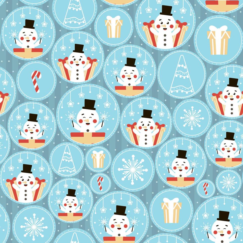 Christmas seamless pattern with cute snowman character and gifts on blue background vector