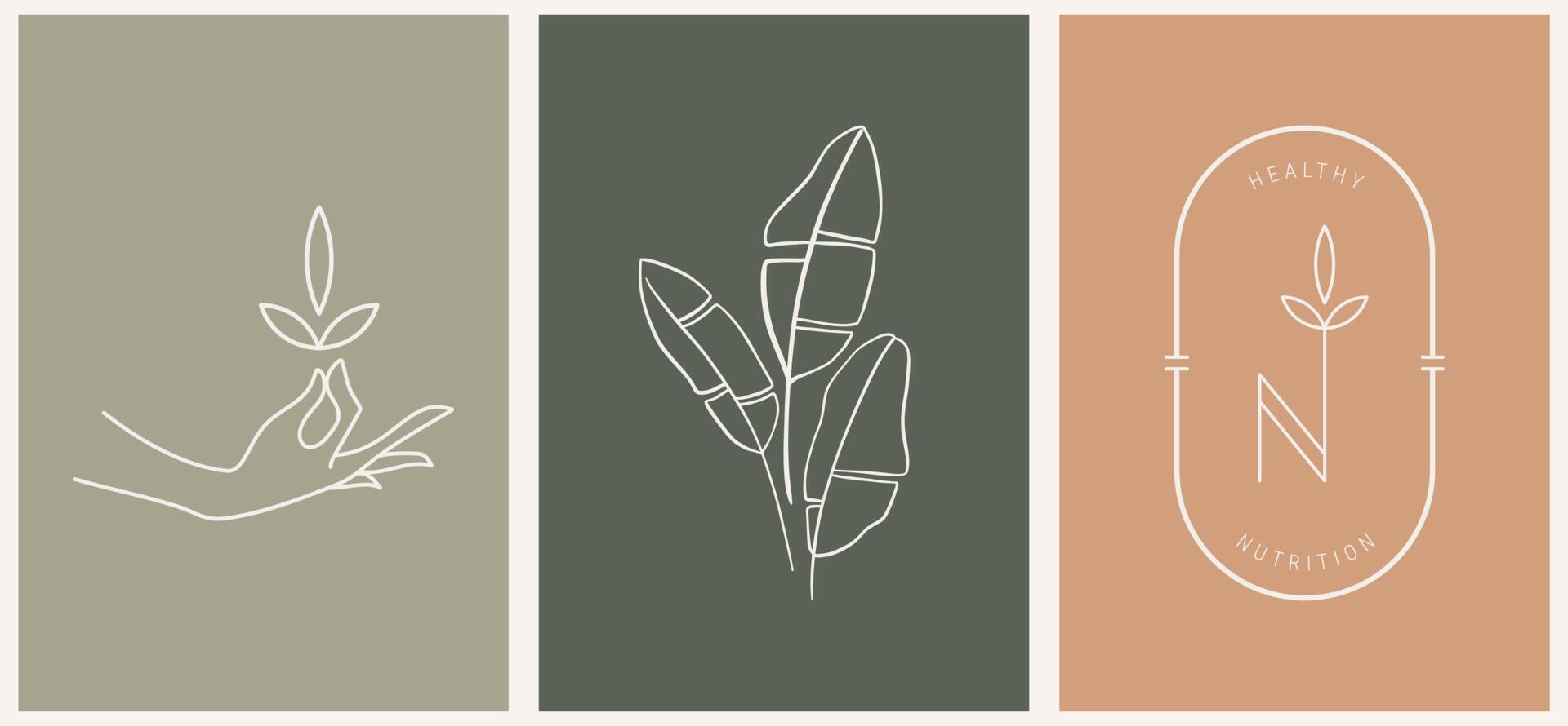 Plantillas de logotipos de mano y clave lineal de diseño de nutrición vectorial en un estilo minimalista lineal de moda. abstracto celestial y mágico. vector
