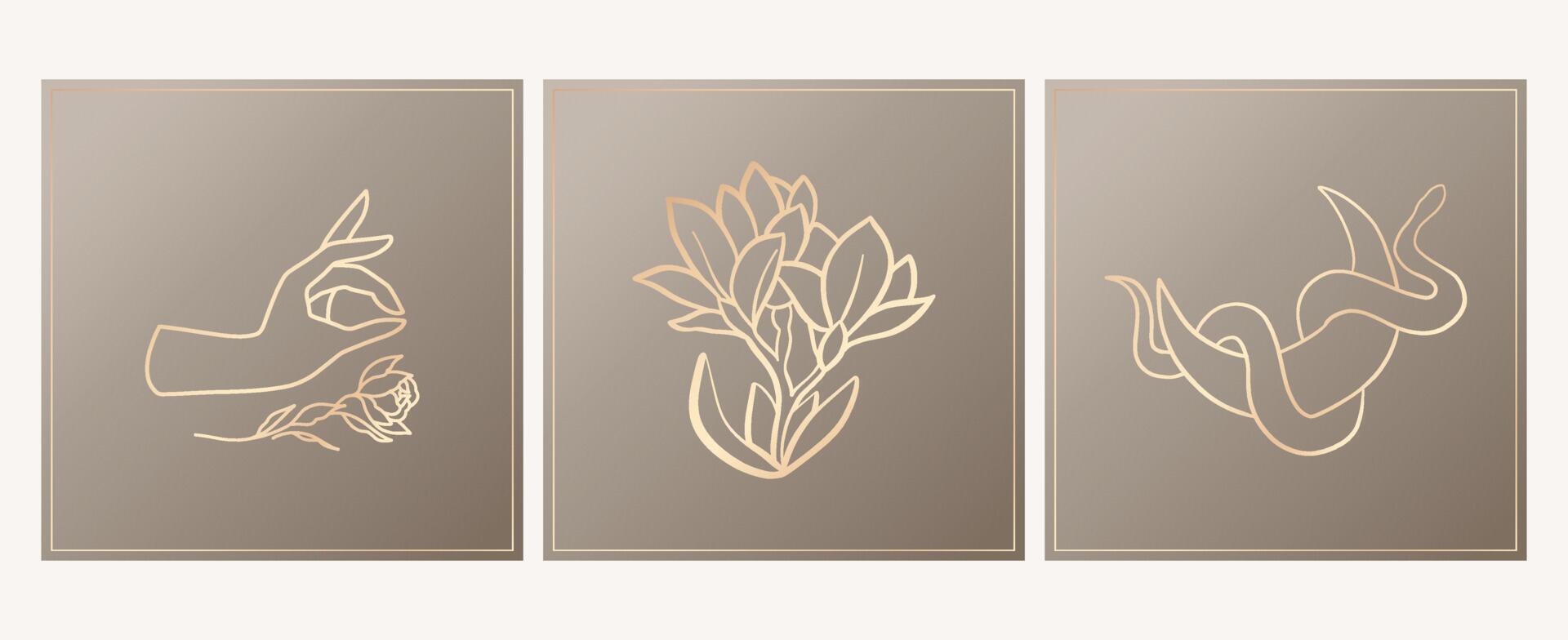 elegantes emblemas de arte de línea bohemia símbolos esotéricos con mano, magnolia y serpiente para logotipo mágico y embalaje cosmético vector