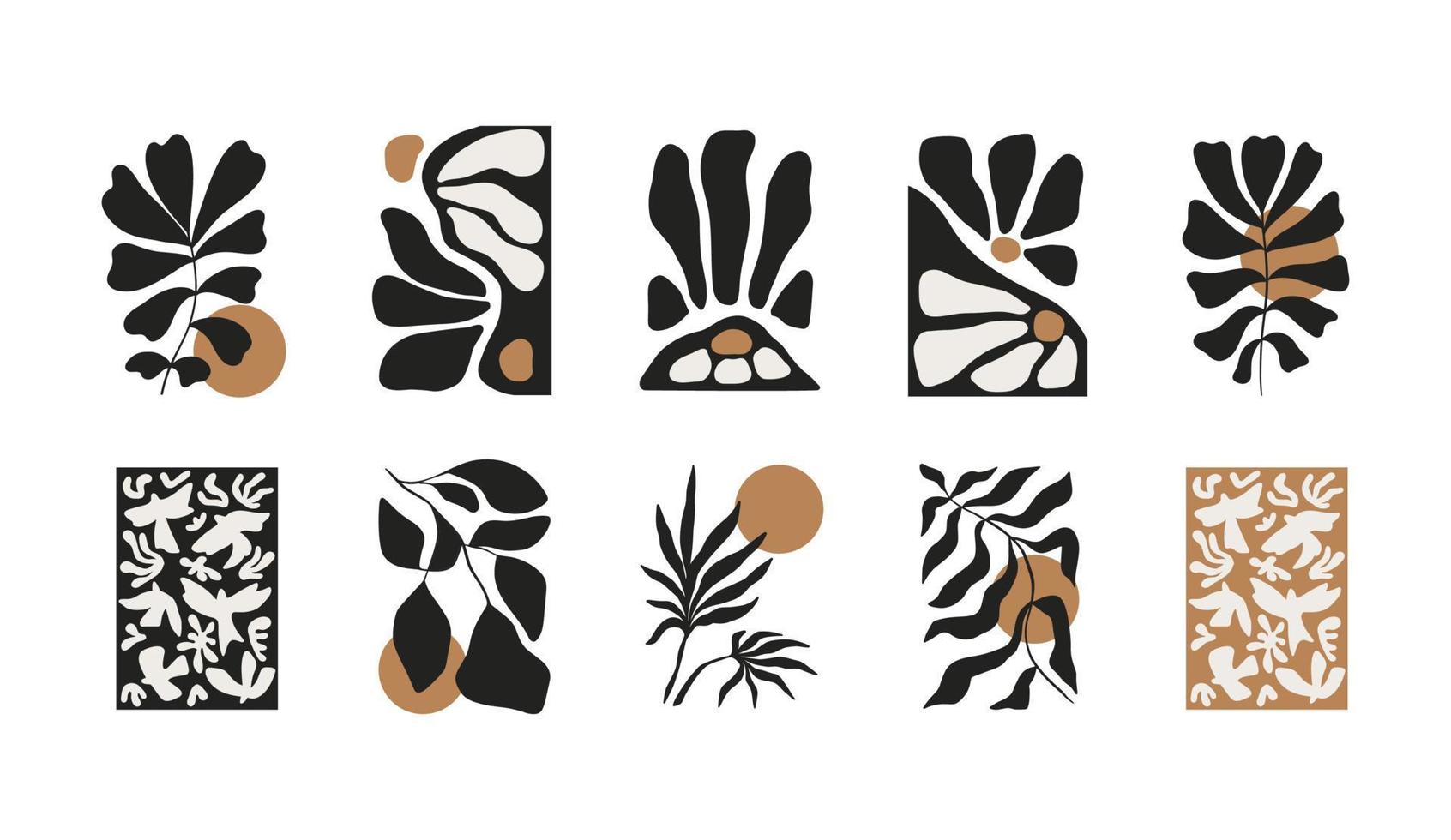Abstract set of clockwork floral elements. Modern trendy minimalistic Matisse style. Hand drawn for wallpaper, wall decor, print, postcard, cover, template, banner. vector