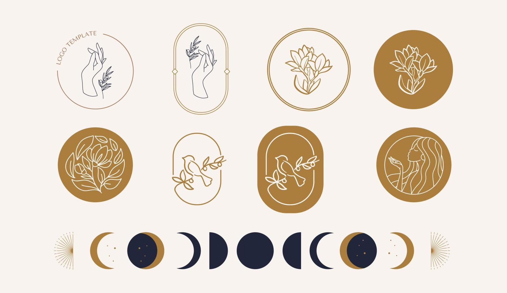 un conjunto de logotipos de manos femeninas florales en un estilo lineal mínimo. plantilla de logotipo místico de cristales solares y luna vector