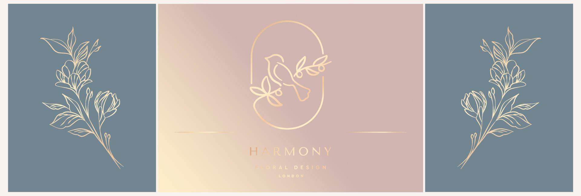 Set of logo design templates in trendy linear style in gold tones. Dawn with flowers - luxury and jewelry concepts for exclusive services and products, beauty and spa industry vector
