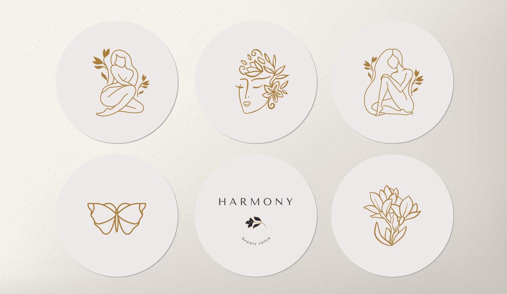 Set of icons and emblems for social media news covers with gold butterflies and female flower on a white background. Design templates for yoga studio astrologer, tourism, beauty salons vector