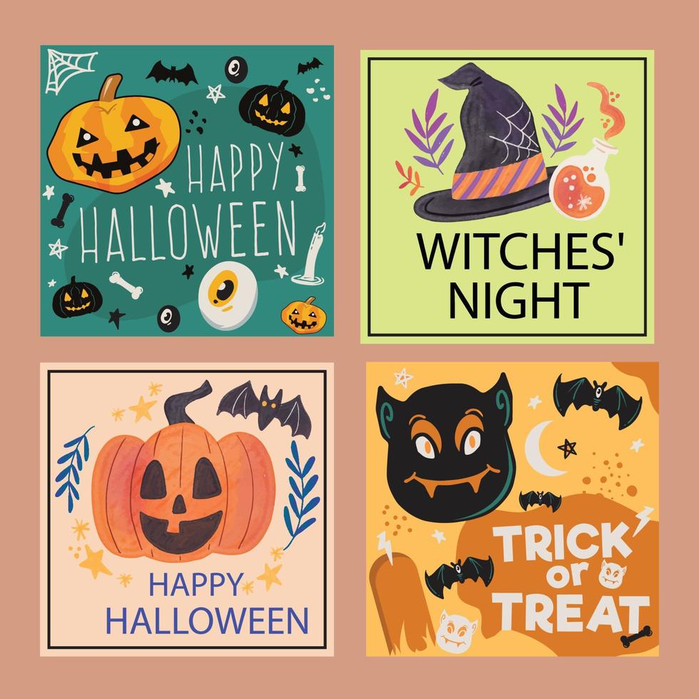 conjunto de cuatro tarjetas de halloween en diseño plano vector