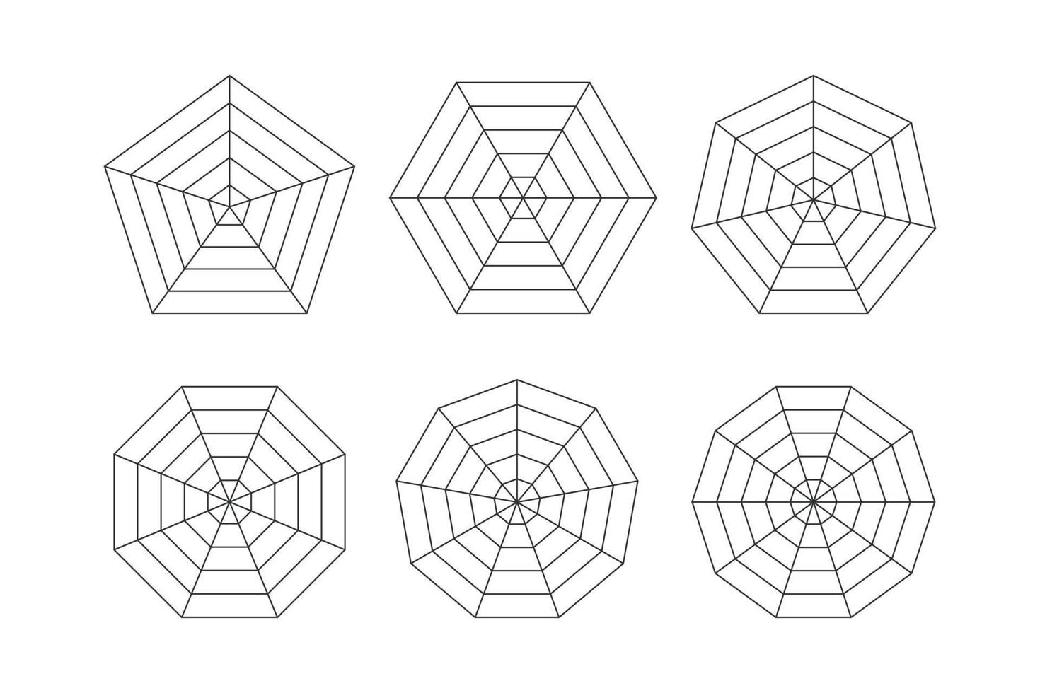 Radar or spider diagram template. Flat spider mesh. Blank radar charts. Pentagon and hexagon graphs. Kiviat diagram for statistic and analitic. Vector illustration isolated on white background