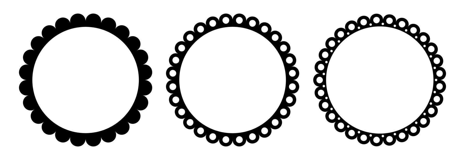 Scalloped edge round strokes set. Simple circle scalloped border. Fabric laces silhouette frame. Repeat cute vintage frill ornament. Texture ribbons. Vector illustration isolated on white background