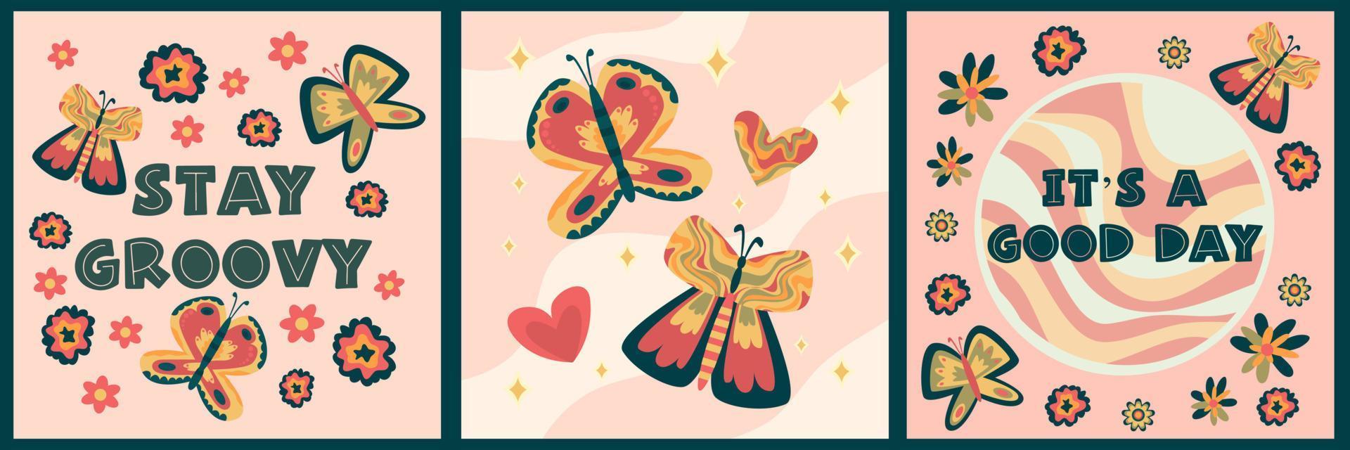 Retro boho poster set with butterfly hippie. Vintage 70s background. Hippie print illustration. Rainbow 60s, 70s, groovy vector