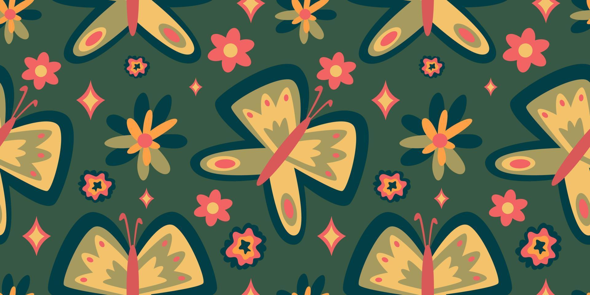 Retro butterfly groovy seamless pattern. Boho vector background. Hippie psychedelic seamless pattern. Retro groovy background. Design with daisy flower