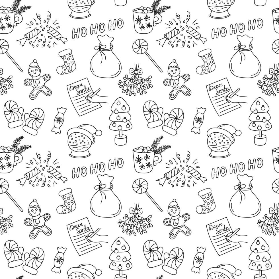 Christmas doodle pattern black and white. Vector seamless background with outline hand drawn Christmas holiday elements. Xmas design objects. Doodle repeat illustration.