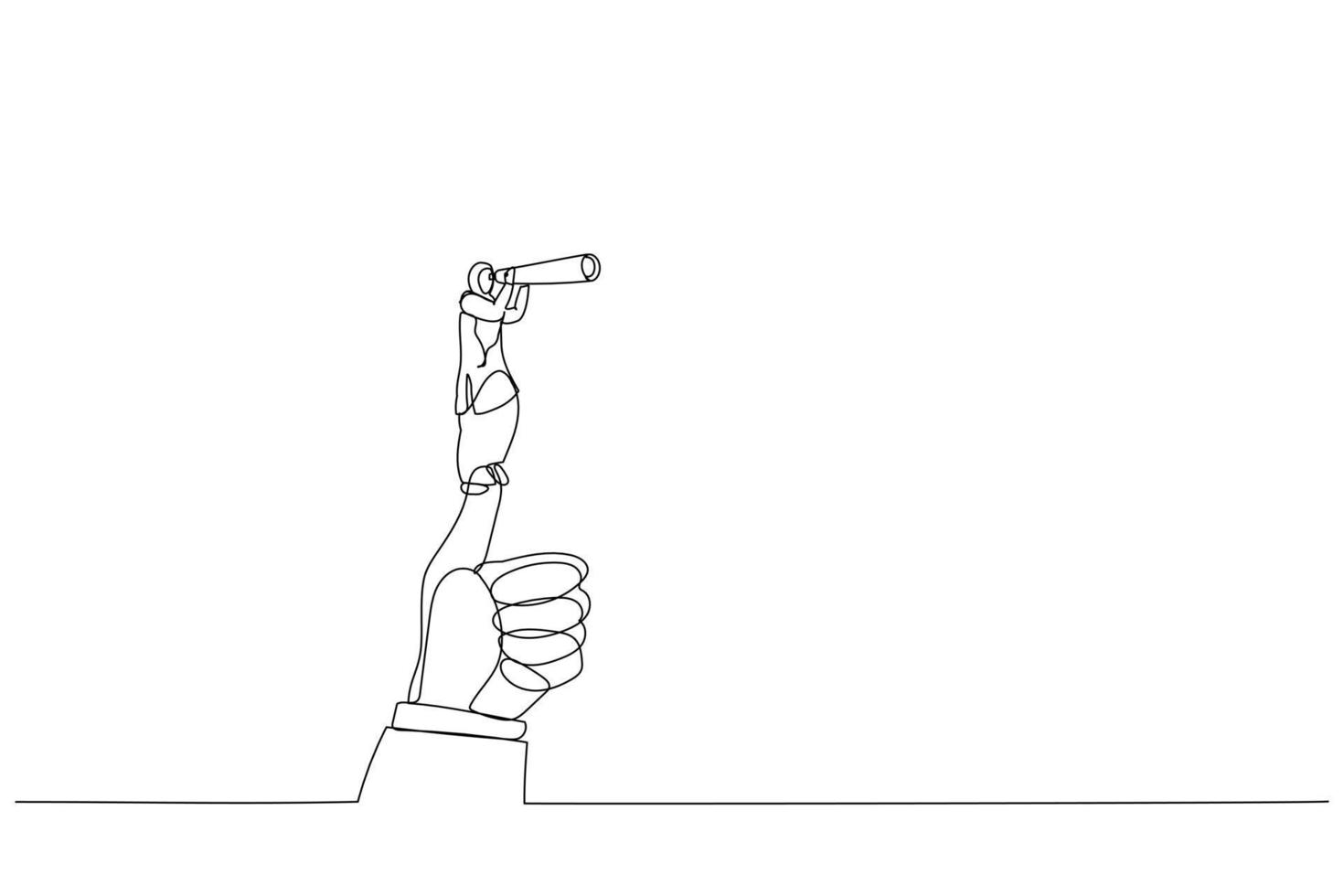 Drawing of arab businesswoman standing on giant thumb using telescope to look into the distance. Continuous line art vector