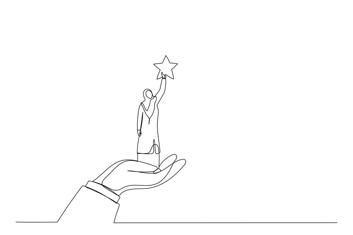 Cartoon of giant hand helping a muslim businesswoman to reach out for the stars. One line art style vector