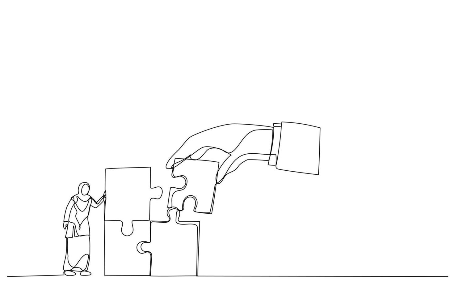Cartoon of giant hand connect last jigsaw puzzle to office arab businesswoman worker. Metaphor for team building, leadership, teamwork. One line art style vector