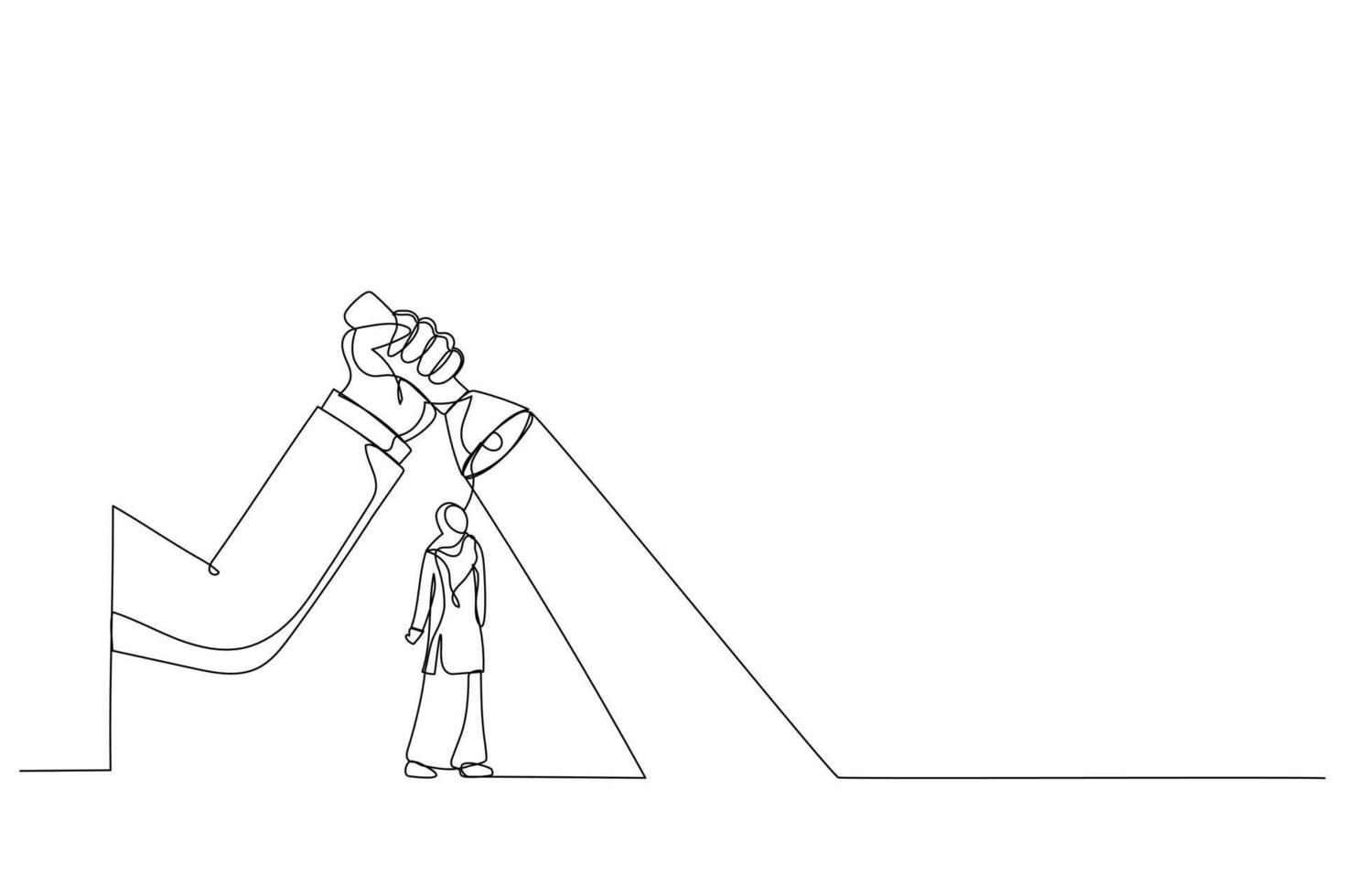 Drawing of big hand holding a flashlight uncovering hidden arrow sign for businesswoman that wearing jilbab. Single continuous line art vector