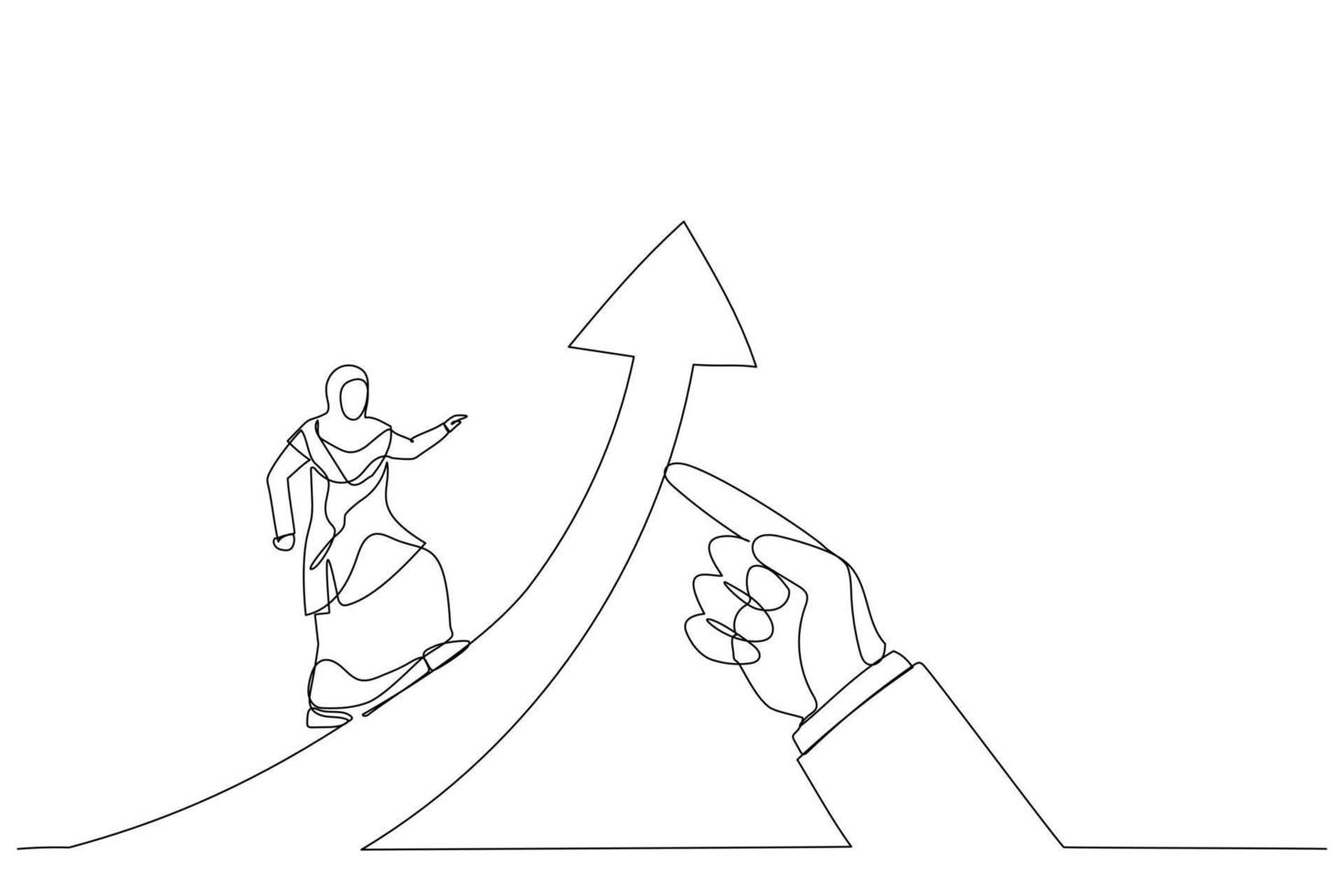 Illustration of muslim woman running on arrow of success raised by giant hand of leader. Metaphor for business success moving forward leadership. Single line art style vector
