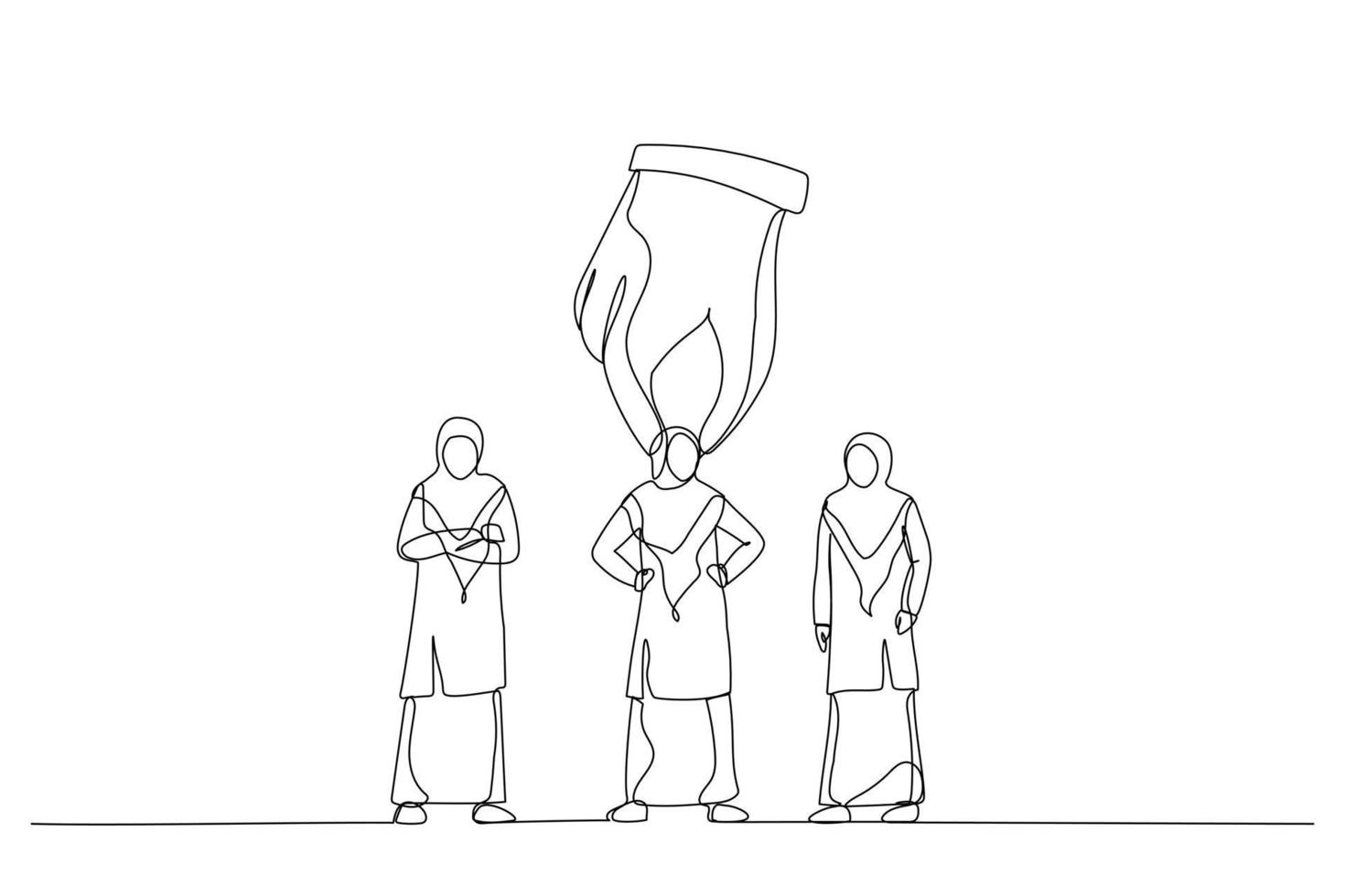Illustration of big hand choosing and picking up businesswoman with hijab. Single line art style vector