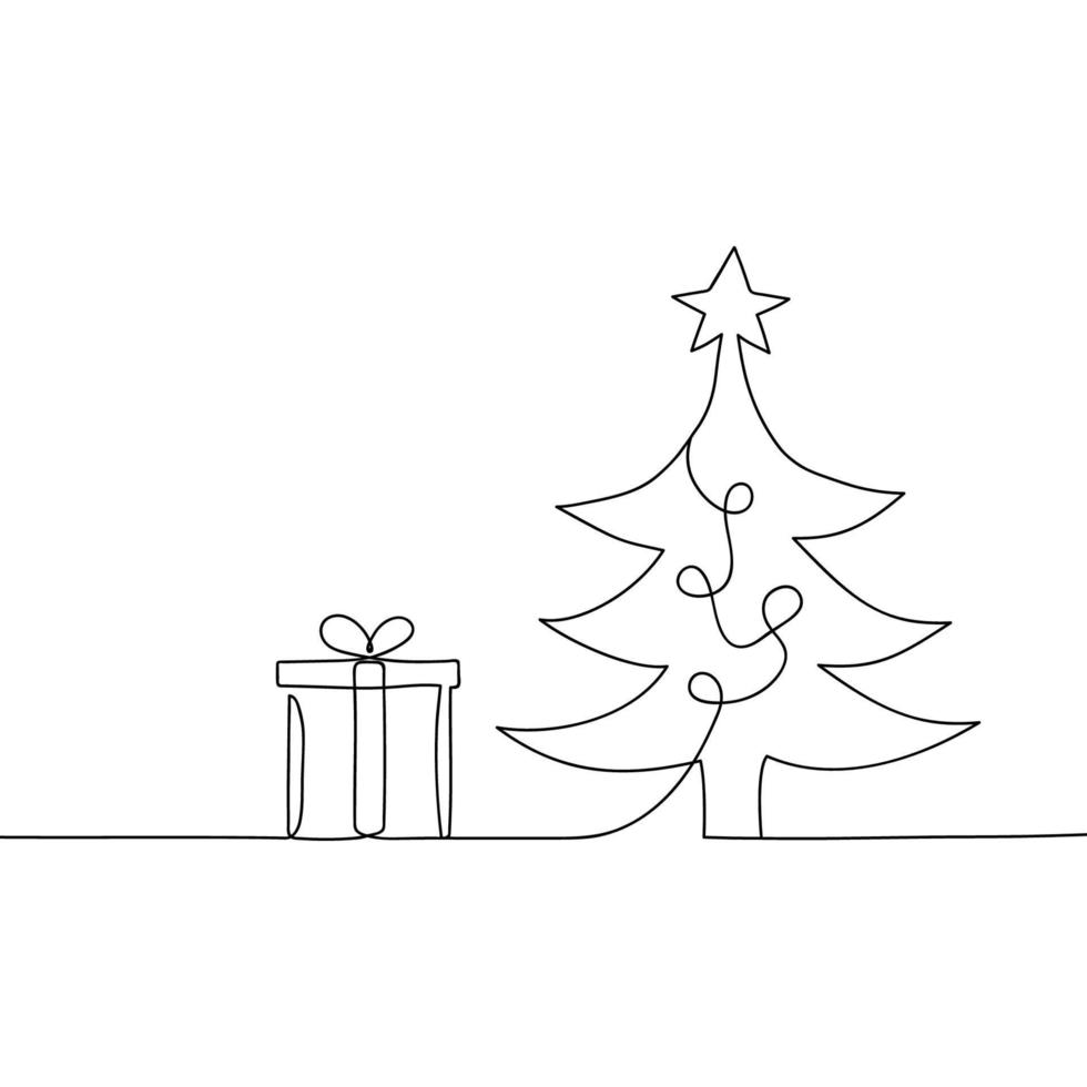 Continuous one line drawing of Christmas tree and gift box. Hand drawn Christmas tree isolated on white background. Linear style. Vector illustration