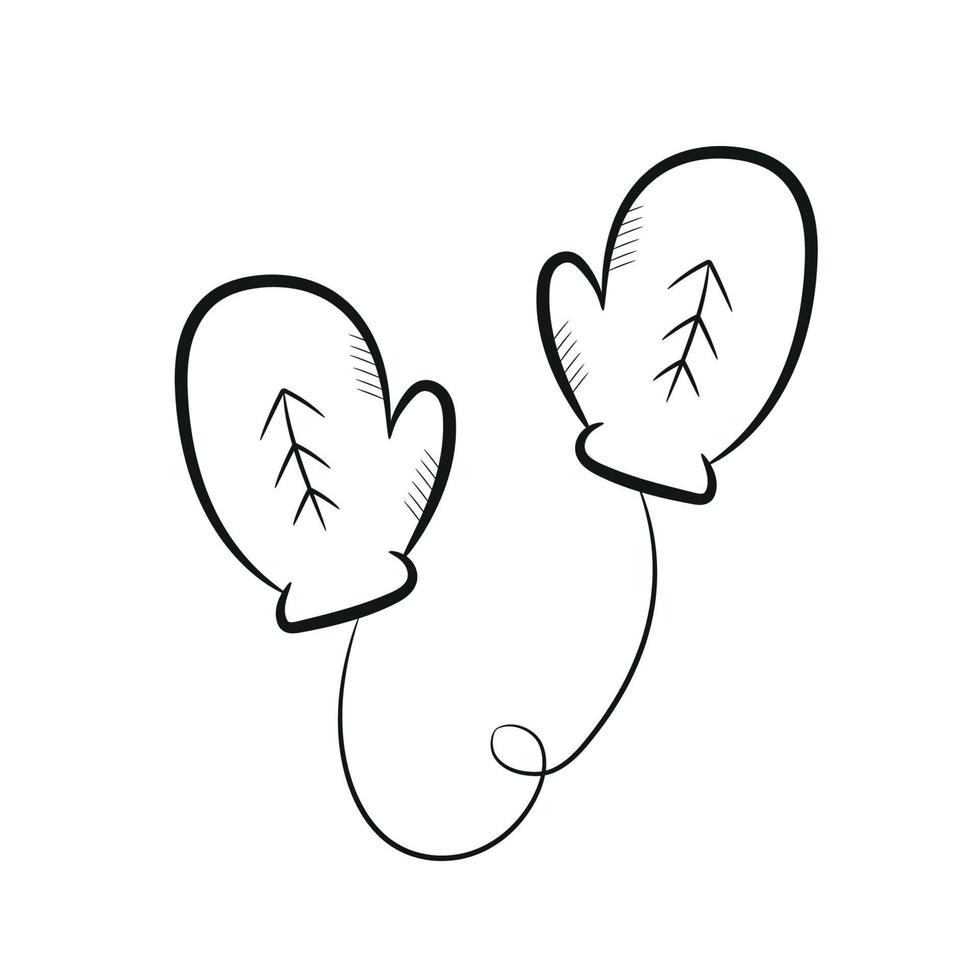Hand drawn christmas mittens on a rope with a pattern. Simple item of winter clothing in doodle style. Vector illustration isolated on a white background