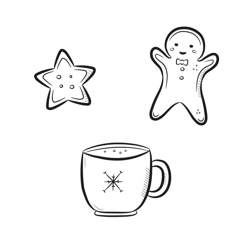 Cute hand drawn christmas gingerbread man, cookie and winter mug. New year cookies and mug in doodle style. Vector illustration isolated on white background