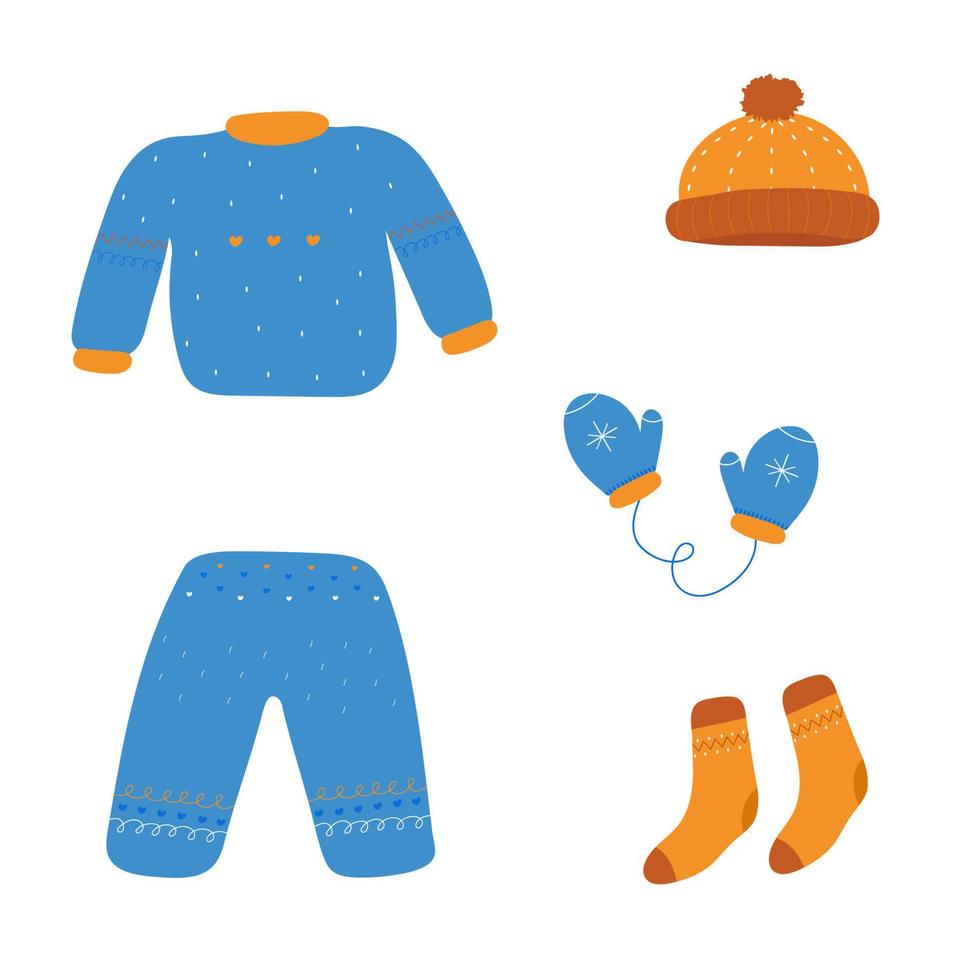 colección de ropa de invierno linda. colorido conjunto de ropa de invierno  en estilo de dibujos animados. suéter, pantalones, gorro, mitones y  calcetines. ilustración vectorial aislado sobre fondo blanco 12715815  Vector en