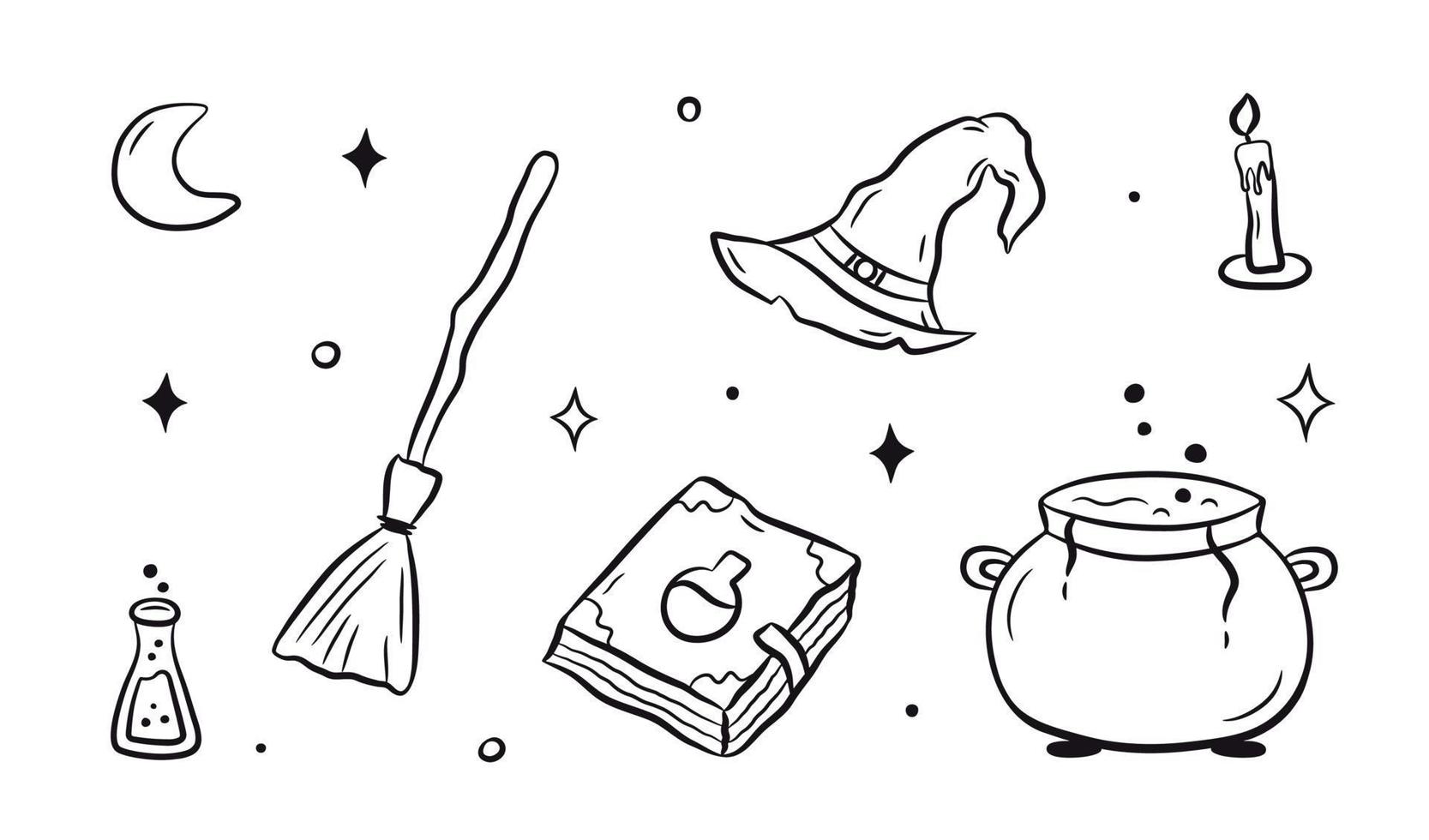 Collecton of Witchcraft hand drawn doodles. Set of witch hat, spell book, broom, potion, cauldron, candle, moon in black linear drawing style. Vector illustration