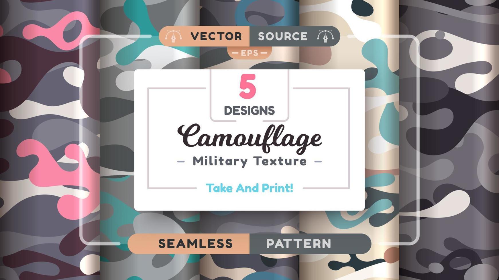Camouflage seamless patterns, military texture, bundle war fabric. vector