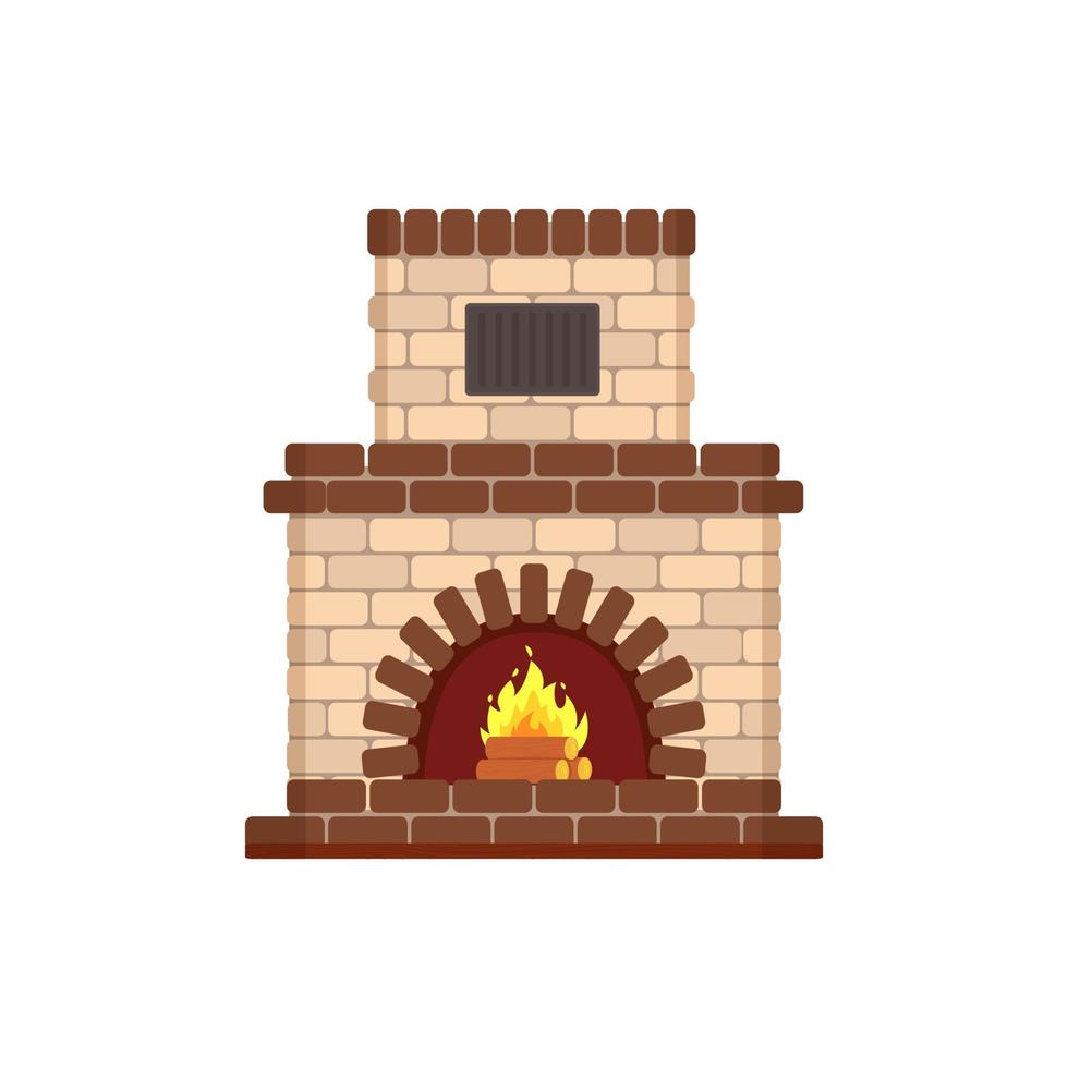 White brick fireplace with wood fire, Heating device. Vector illustration in flat cartoon style