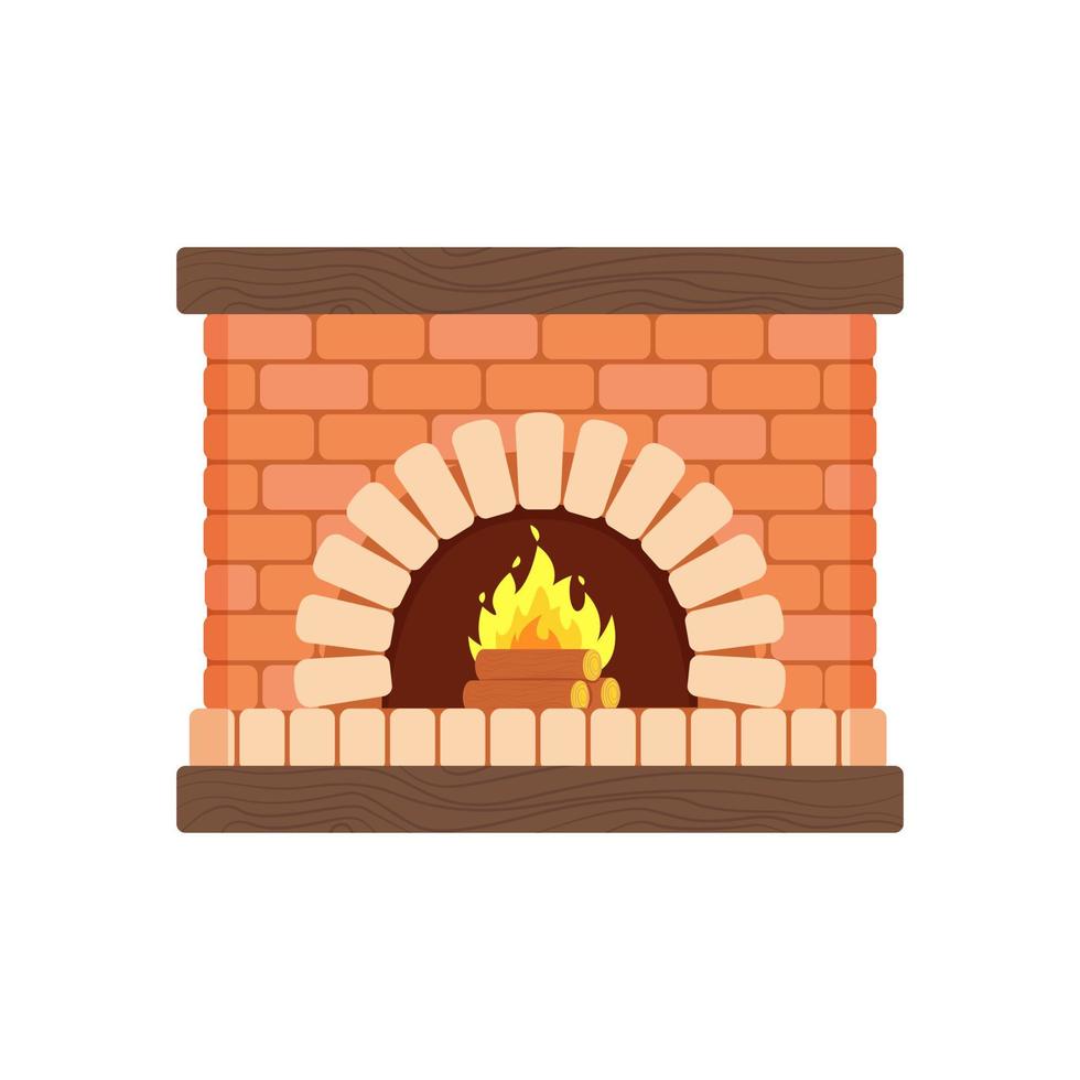 Cozy brick fireplace, wood fire, heating device. Vector illustration in flat cartoon style.