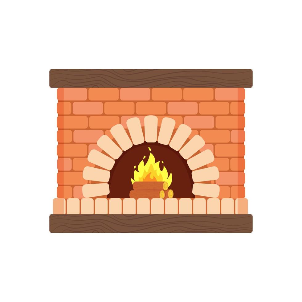 acogedora chimenea de ladrillo, fuego de leña, aparato de calefacción. ilustración vectorial en estilo de dibujos animados planos. vector