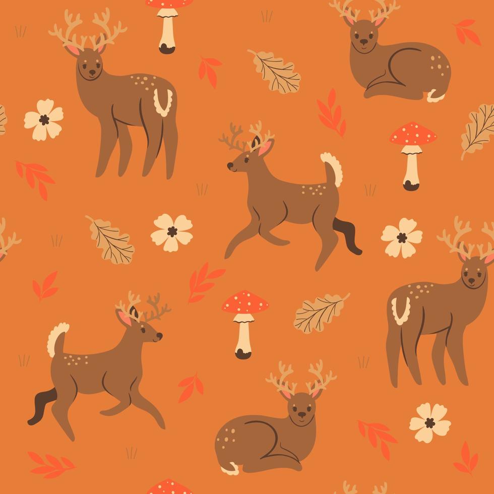 Seamless pattern with deer, autumn leaves and fly agaric. Vector graphics.