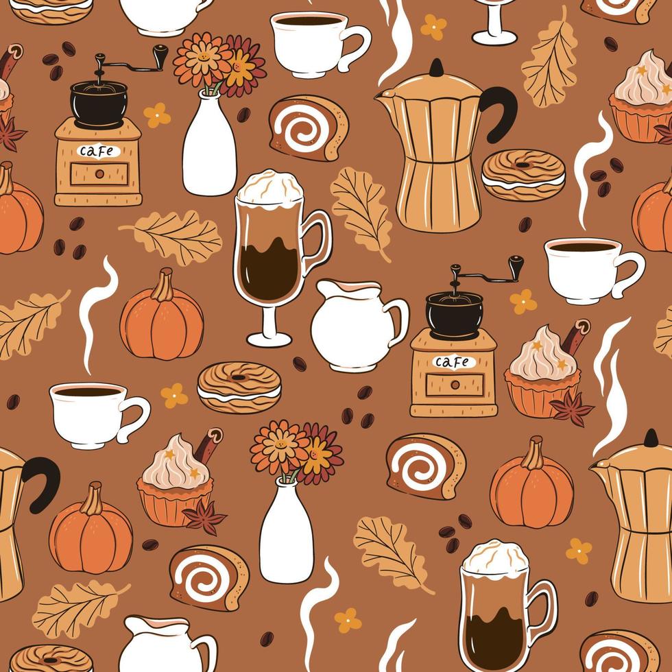 Seamless pattern with coffee, pastries, coffee grinders, bouquets, autumn leaves. Vector graphics.