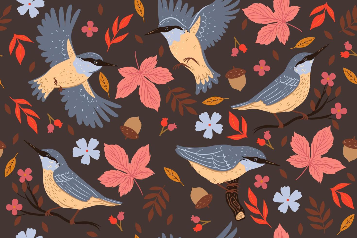 Autumn seamless pattern with leaves, berries and nuthatches. Vector graphics.