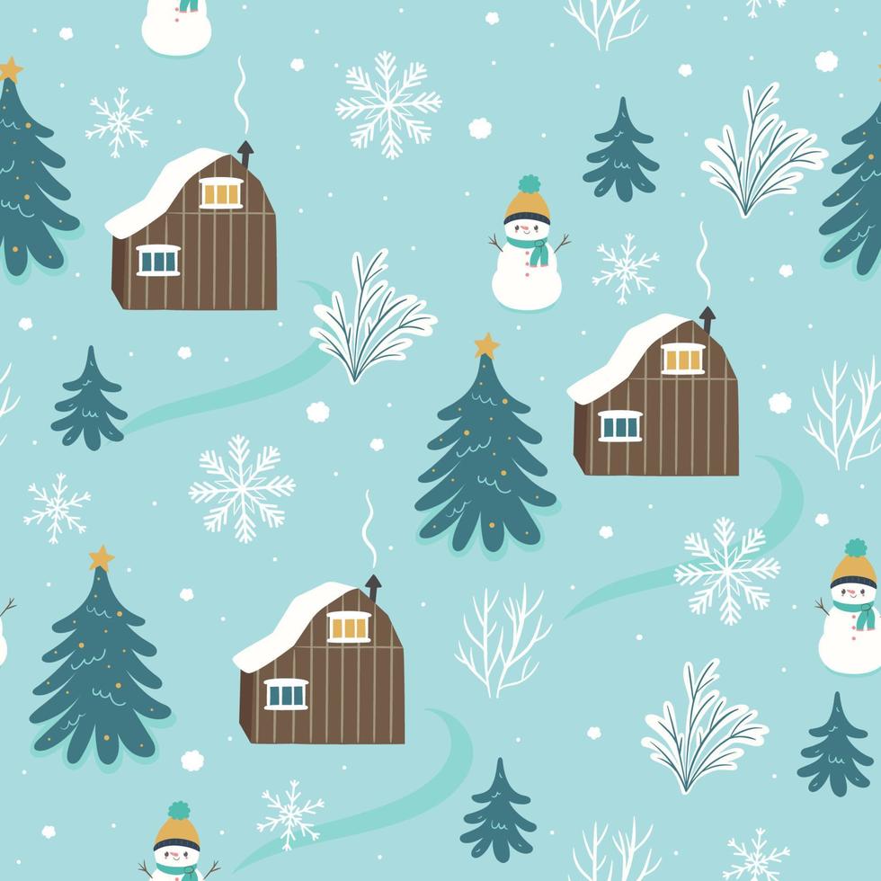 Seamless winter pattern with houses, trees, snowflakes and snowmen. Vector graphics.