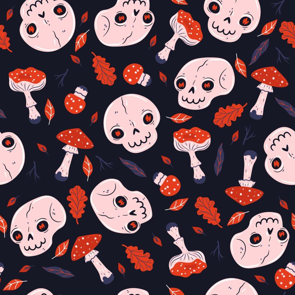 Seamless  pattern with skulls and fly agarics. Vector graphics.