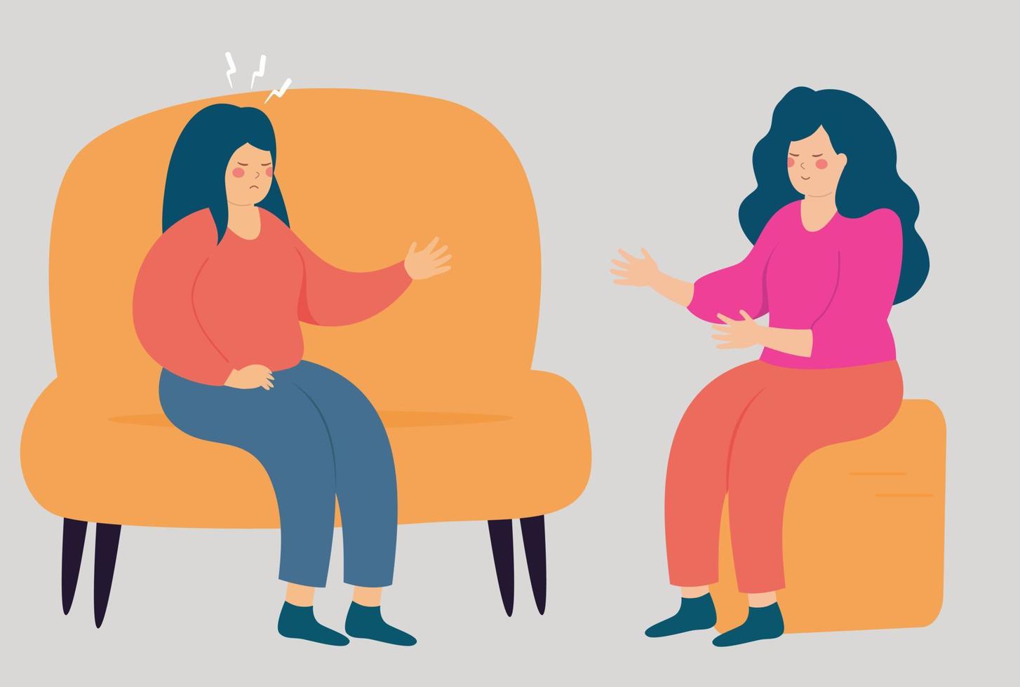 Woman patient talking to a psychologist or psychotherapist and sitting on the couch. Therapy of a female suffers from depression, stress. Concept of psychotherapy session or Psychological consultation vector