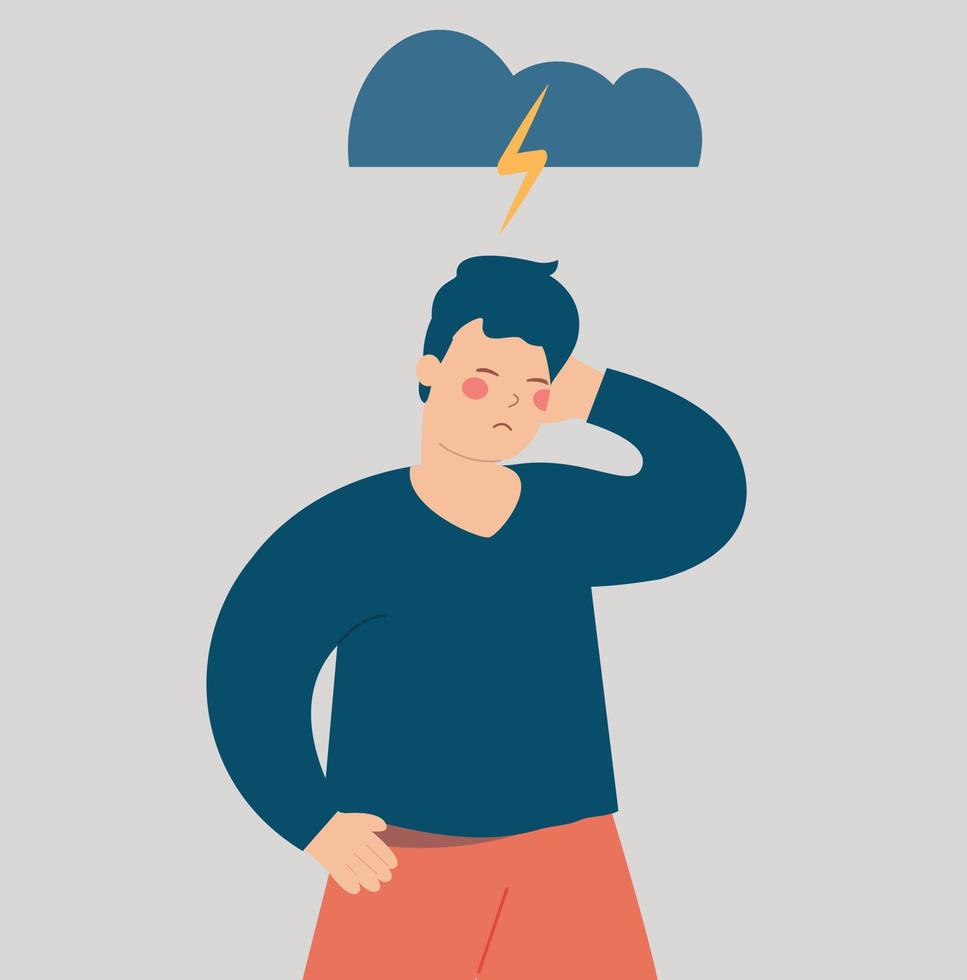 Sad man with negative tangled thoughts. Stressed adolescent person with mental illness symptoms and depression. Depressed adolescent has stress. Boy having anxiety and dementia. Vector illustration